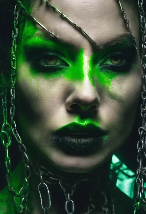 Close up photo portrait a woman with bright green paint, wearing chains, in the style of neon realism, colorful fantasy realism, dark orange and light green, colorful realism, comic art, artist ron alan elke ‘i am glowing girl , multilayered realism, uhd i...