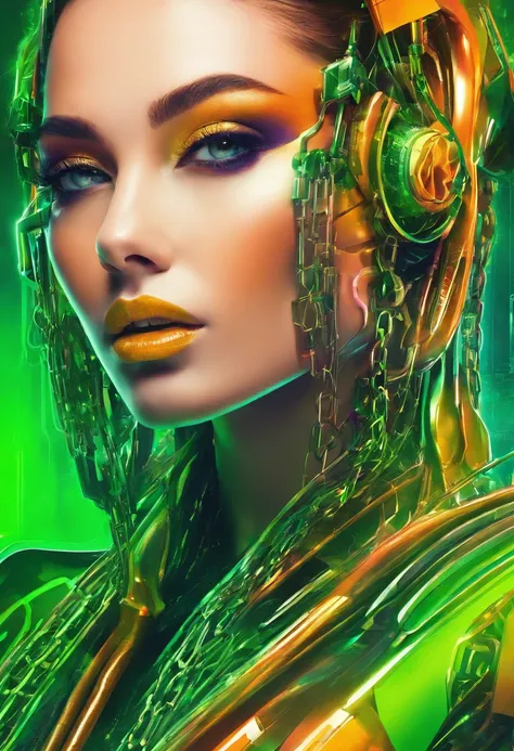 Close up photo portrait a woman with bright green paint, wearing chains, in the style of neon realism, colorful fantasy realism, dark orange and light green, colorful realism, comic art, artist ron alan elke ‘i am glowing girl , multilayered realism, uhd i...