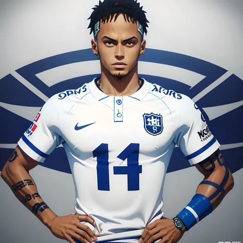 personalize um jogador de futebol parecido com o neymar com postura elegante masculina com uma roupa preta com azul