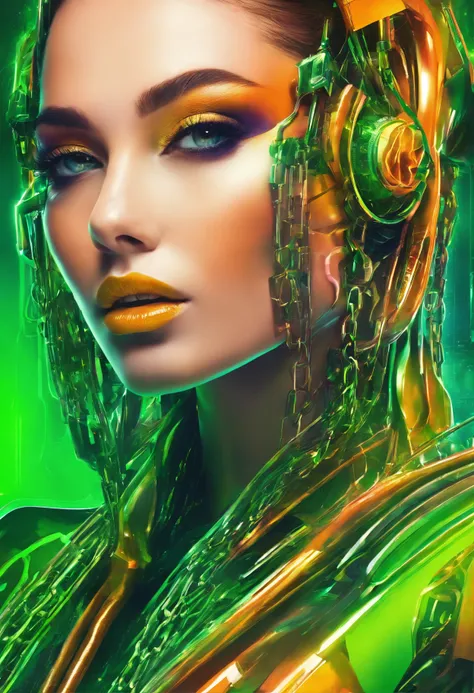 Close up photo portrait a woman with bright green paint, wearing chains, in the style of neon realism, colorful fantasy realism, dark orange and light green, colorful realism, comic art, artist ron alan elke ‘i am glowing girl , multilayered realism, uhd i...