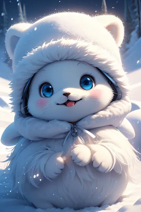 cute harp seal with fluffy fur wearing a snapback hat, lying flat down in snow, head and body covered in a pile of snow, snowing in the arctic, vivid colors, 3d render, bright lighting, vivid colors, grinning from ear to ear,