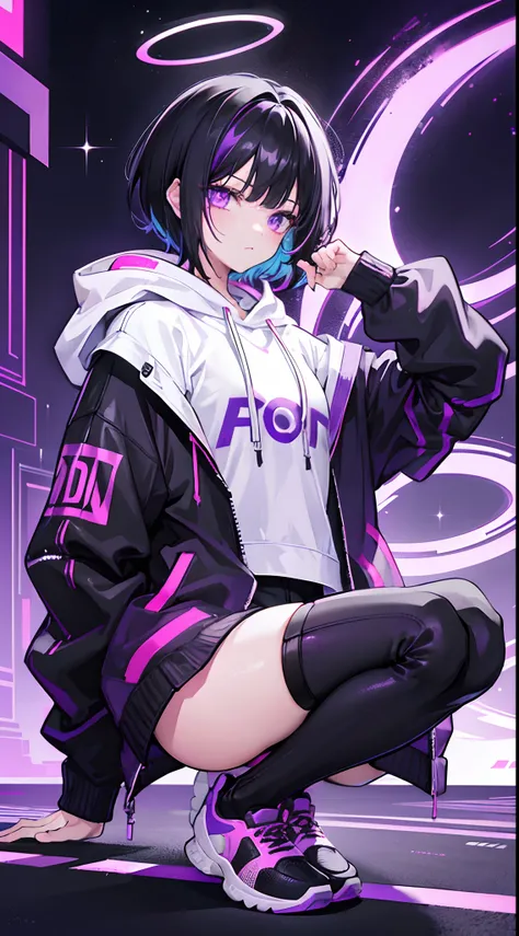 female, short black hair with colorful accents mostly purple, oversized white hoodie, thigh highs, sneakers, smug, moonlight, night, cyberpunk background, colorful, pastel, neon lights, high resolution, halo over head, finger gun