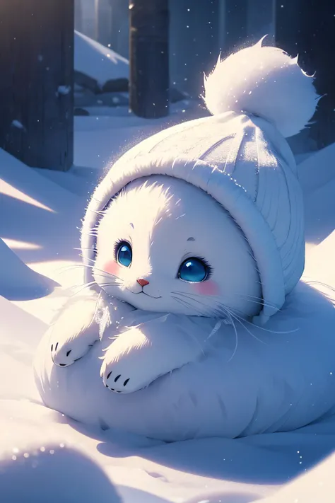 cute harp seal with fluffy fur wearing a snapback hat, lying flat down in snow, head and body covered in a pile of snow, snowing in the arctic, vivid colors, 3d render, bright lighting, vivid colors, grinning from ear to ear,