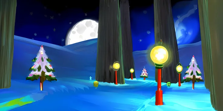 christmas in space trees moon balloons snow road street lights starry sky