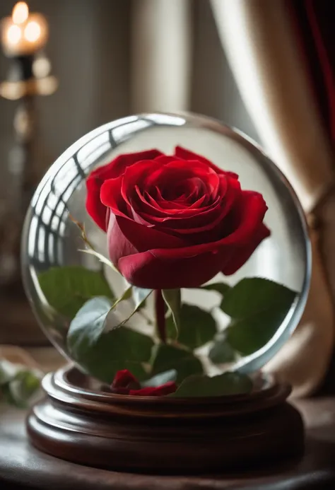 a red rose inside a glass sphere, an image taken from the story of Beauty and the Beast.