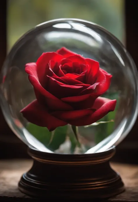 a red rose inside a glass sphere, an image taken from the story of Beauty and the Beast.