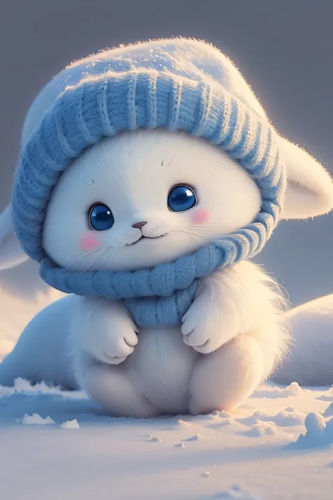 cute harp seal with fluffy fur wearing a snapback hat, lying flat down in snow, head and body covered in a pile of snow, snowing in the arctic, vivid colors, 3d render, bright lighting, vivid colors, grinning from ear to ear,