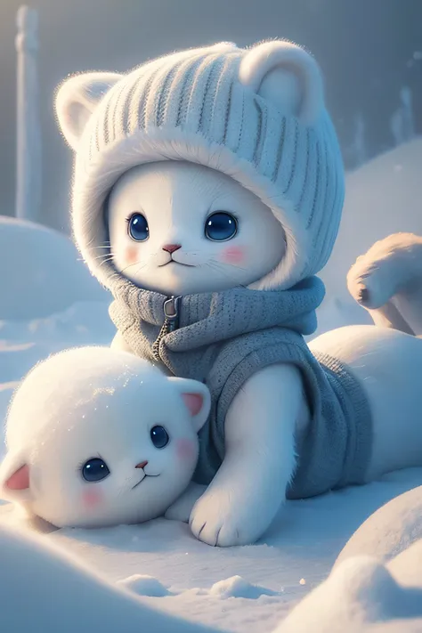 cute harp seal with fluffy fur wearing a snapback hat, lying flat down in snow, head and body covered in a pile of snow, snowing in the arctic, vivid colors, 3d render, bright lighting, vivid colors, grinning from ear to ear,