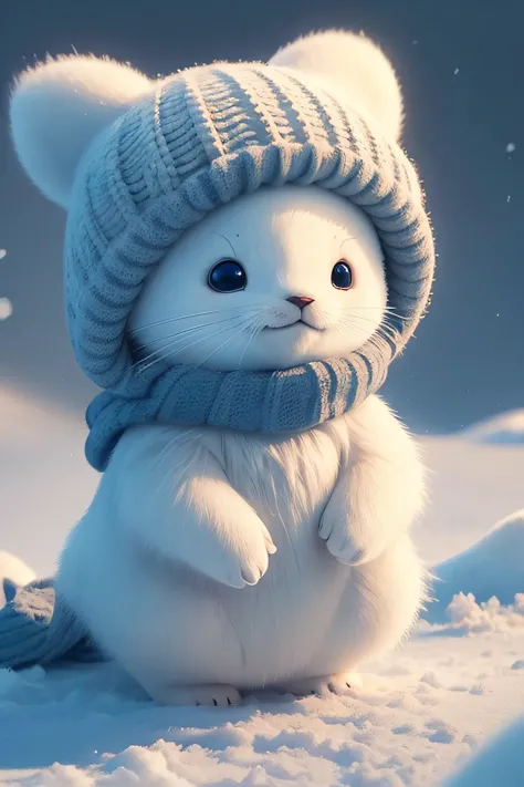 cute harp seal with fluffy fur wearing a snapback hat, lying flat down in snow, head and body covered in a pile of snow, snowing in the arctic, vivid colors, 3d render, bright lighting, vivid colors, grinning from ear to ear,