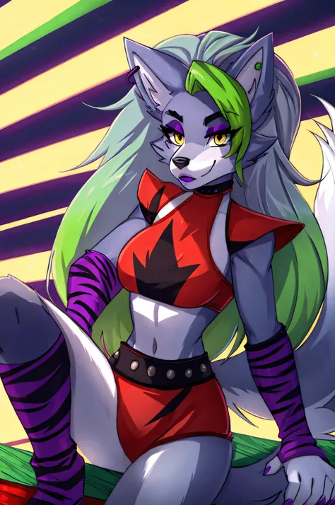 best quality, fnafroxanne, furry female, body fur, makeup, wolf ears, wolf tail, grey hair, green hair, yellow eyes, crop top,