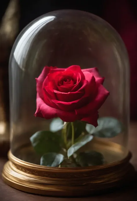 uma pequena rosa vermelha dentro de uma esfera de vidro, an image taken from the story of Beauty and the Beast.