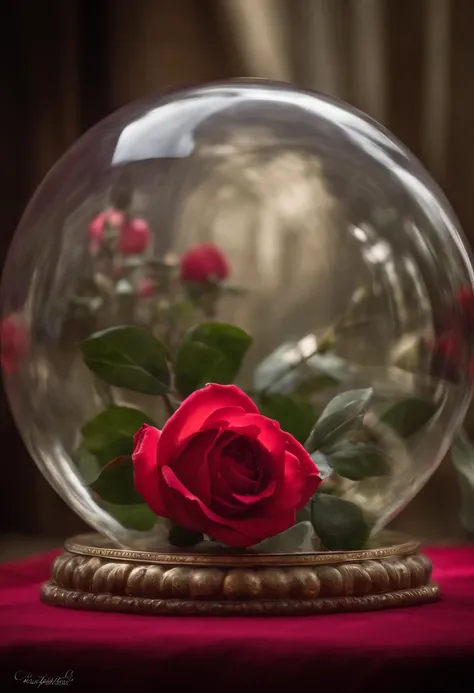 uma pequena rosa vermelha dentro de uma esfera de vidro, an image taken from the story of Beauty and the Beast.