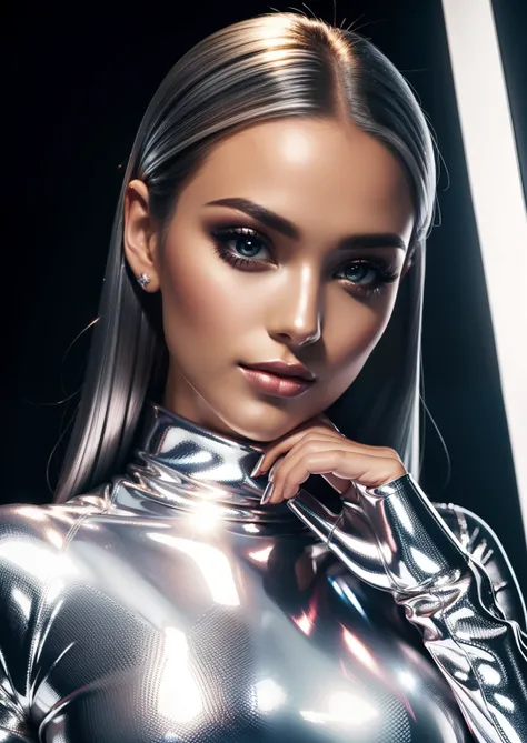 Beautiful woman in ultra shiny silver clothes, Schminke, (glossy lips: 1.4), he-res, 8K