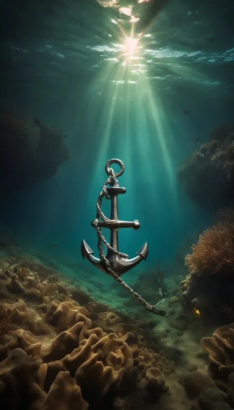 (((a CHROME ANCHOR stuck at the bottom of a DEEP Ocean floor))) shafts of sunlight filtering through the oceans surface, illuminating the hidden world beneath, create a captivating underwater scene. vertical panorama, Ultra Wide View. UHD, masterpiece, awa...