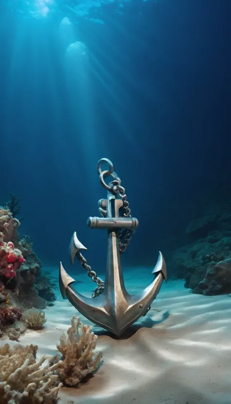 ((a CHROME ANCHOR stuck at the bottom of a DEEP Ocean floor)) shafts of sunlight filtering through the oceans surface, illuminating the hidden world beneath, create a captivating underwater scene. vertical panorama, Ultra Wide View. UHD, masterpiece, award...