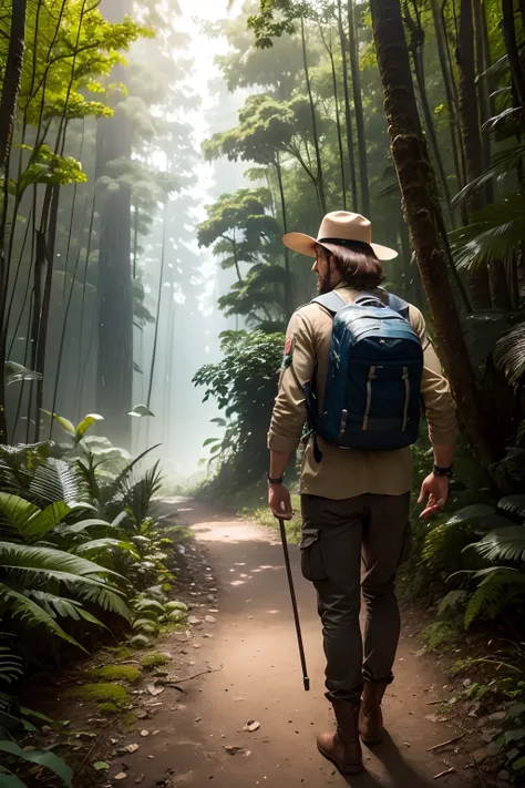 homem explorando floresta, explorador, Indo, de costas, from behind, procurando, kalap, rosto definido, dedos, hand perfect, clean hands