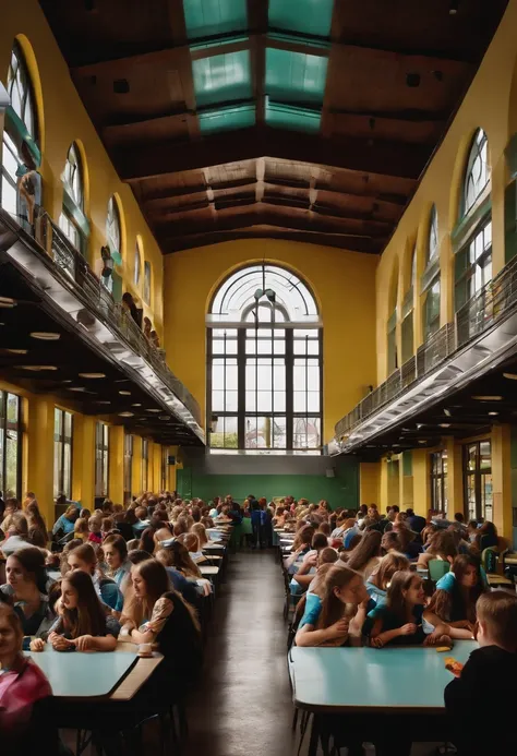 school cafeteria with many students aged 12 to 18 in the lunch queue