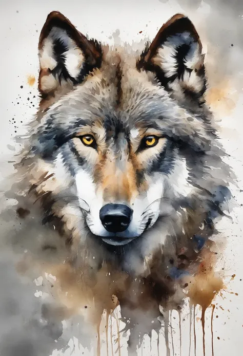 painting of a gray wolf with a splatter background and spray paint effect, by Eugeniusz Zak, watercolor art, by Károly Lotz, watercolor painting, watercolor painting style, watercolor detailed art, by Reuben Tam, watercolor digital painting, watercolor , m...