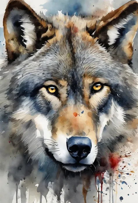 painting of a gray wolf with a splatter background and spray paint effect, by Eugeniusz Zak, watercolor art, by Károly Lotz, watercolor painting, watercolor painting style, watercolor detailed art, by Reuben Tam, watercolor digital painting, watercolor , m...