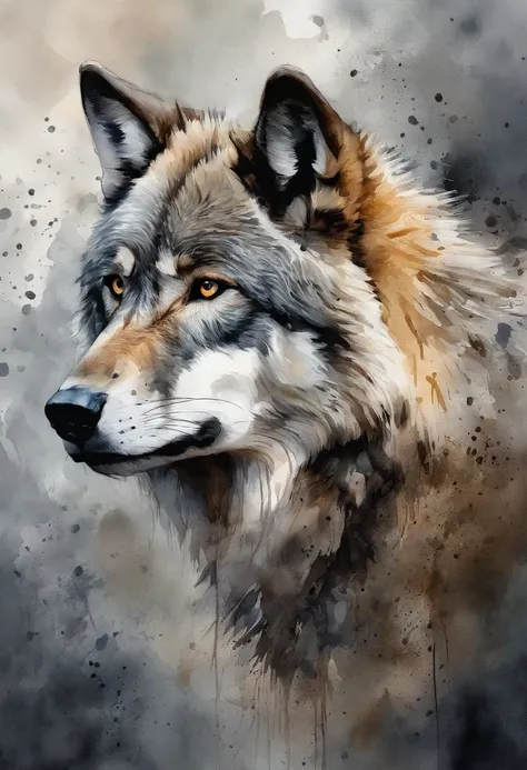 painting of a gray wolf with a splatter background and spray paint effect, by Eugeniusz Zak, watercolor art, by Károly Lotz, watercolor painting, watercolor painting style, watercolor detailed art, by Reuben Tam, watercolor digital painting, watercolor , m...