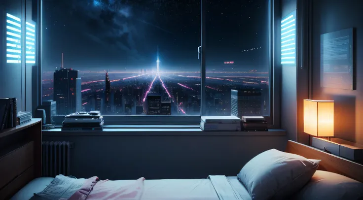 Bustling city outside the window，cyber punk perssonage，There is a bed in front of the window，Electronic clock，the night，messy rooms，A sky full of stars