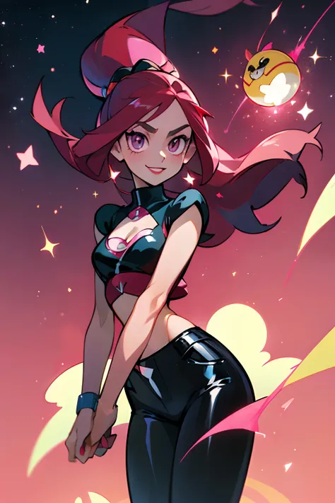 (best quality, masterpiece, pokemon style), 1girl, galaxy, glitter, particle, wind, stars, simple pink background, looking at viewer, smile, dramatic angle, (super long red hair, shiny hair), (shiny pink eyes), black strapless heels, black crop top, black ...