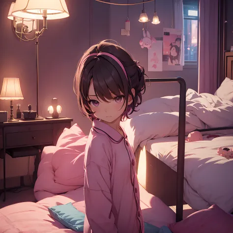 ​masterpiece、Animated、2D、Cute lone girl is sleeping in bed in dub-dub pajamas、Hairstyle Messy short hair、Hair colorpink、Darkness of the night、Colorful room in the background、Realistic background depiction、Soft lamp light illuminates a dark room、The surroun...