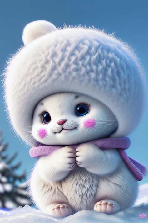 cute harp seal with fluffy fur wearing a snapback hat, lying flat down in snow, head and body covered in a pile of snow, snowing in the arctic, vivid colors, 3d render, bright lighting, vivid colors, grinning from ear to ear,