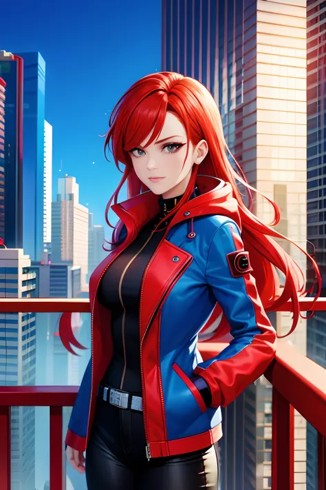 a woman with red hair and a blue jacket standing on a balcony, digital cyberpunk anime art, alena aenami and artgerm, style of alena aenami, redhead female cyberpunk, inspired by Alena Aenami, cyberpunk anime girl, cyberpunk art style, anime cyberpunk art,...