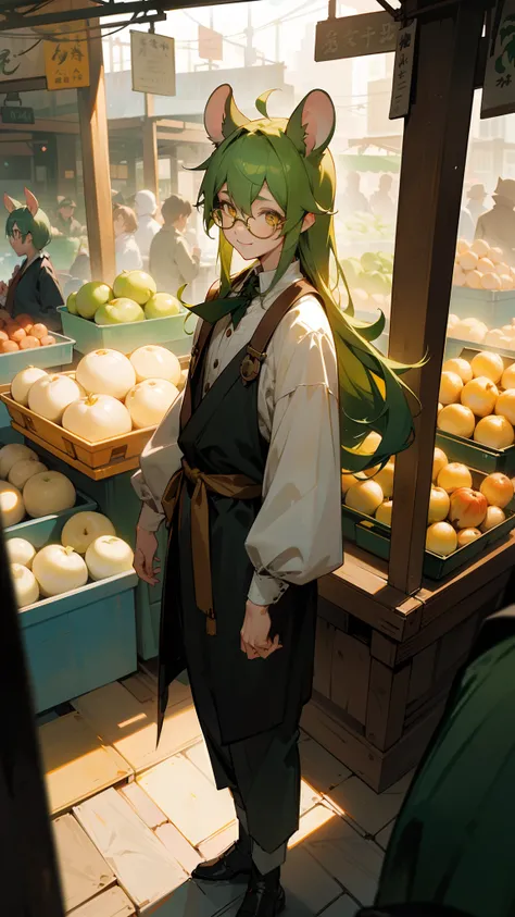 1man,solo,40s,happy face,market outfit, green hair,long hair,((rat ears)),yellow eyes,glasses,(((standing inside of the market))),