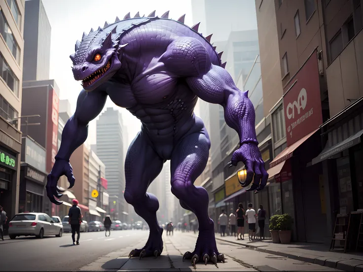 Generate a purple monster with the body of a lizard .Standing on the street of the city.