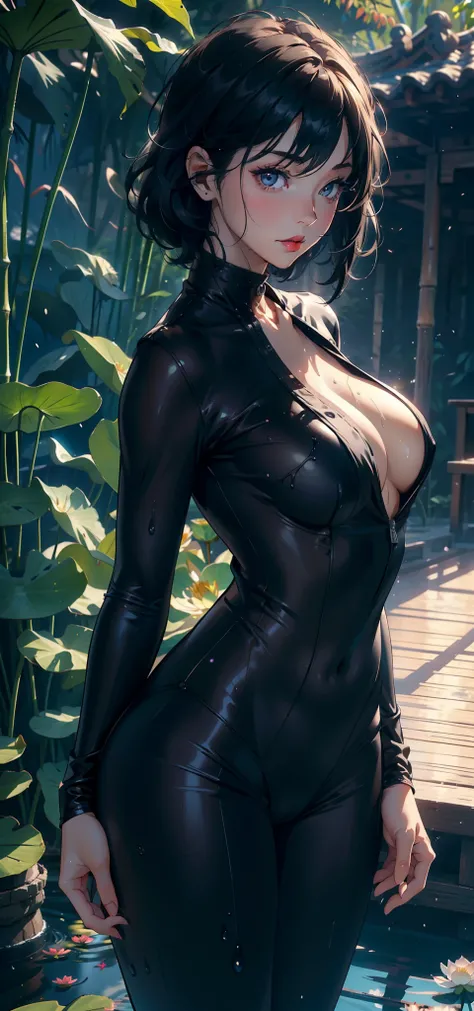 1female，A MILF，Married Woman，plumw，extremely large bosom，独奏，（Background with：bamboo forrest，lotuses，lotus flower，exteriors，Lotus pond） She has short black hair，standing underwater，Sweat profusely，drenched all over the body，seen from the front， hair straigh...