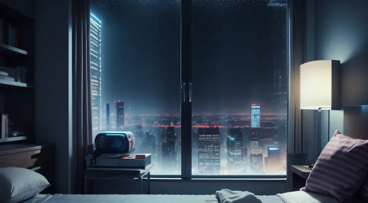 Bustling city outside the window，cyber punk perssonage，There is a bed in front of the window，Electronic clock，the night，messy rooms，A sky full of stars，rained