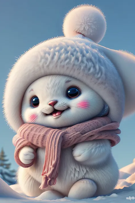 cute harp seal with fluffy fur wearing a snapback hat, lying flat down in snow, head and body covered in a pile of snow, snowing in the arctic, vivid colors, 3d render, bright lighting, vivid colors, grinning from ear to ear,