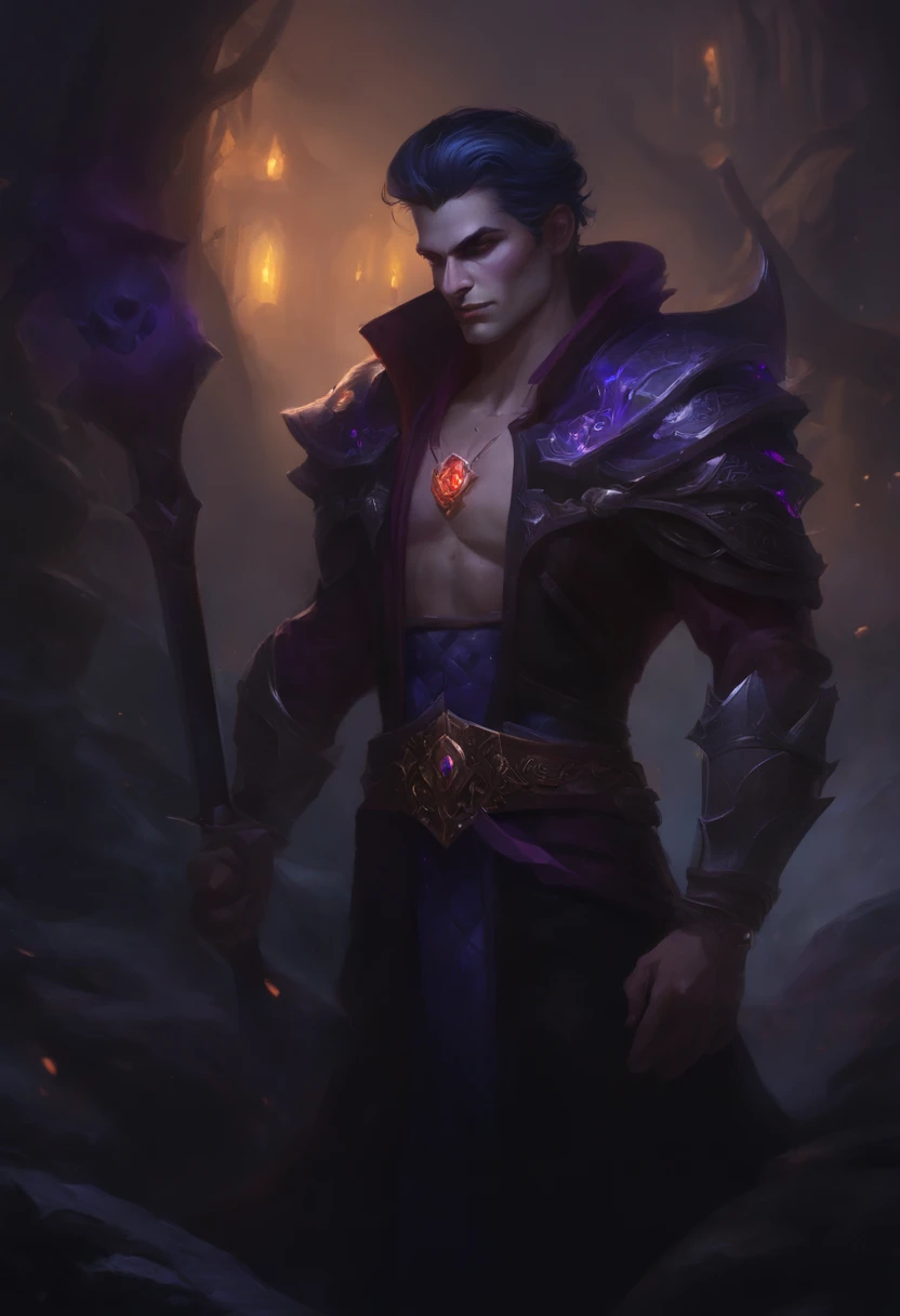 Чемпион Виего по League of Legends,  A Necromancer, with a bare torso and a sly smile, gloomy atmosphere