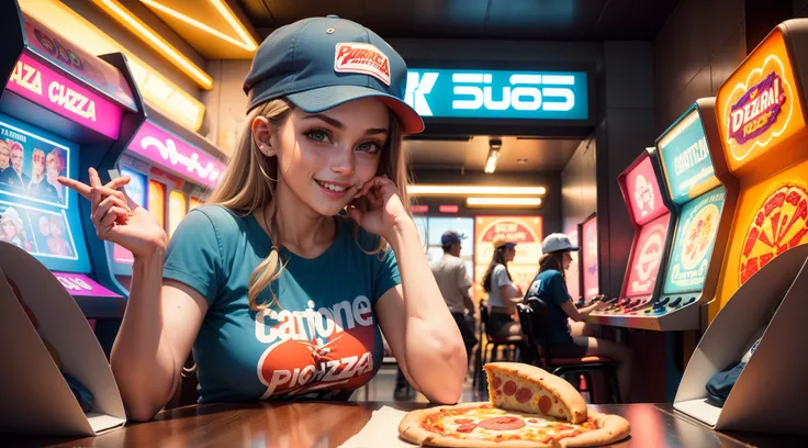 "Arcade games donate 80s themed pizzas, detalhada, cores vibrantes, Retro style, Ambiente divertido, garota sorridente comendo pizza, roupas na cor laranja e preto, Girl wearing cap, Pizzas deliciosas, blank white t-shit, blank white hat, blank cap."