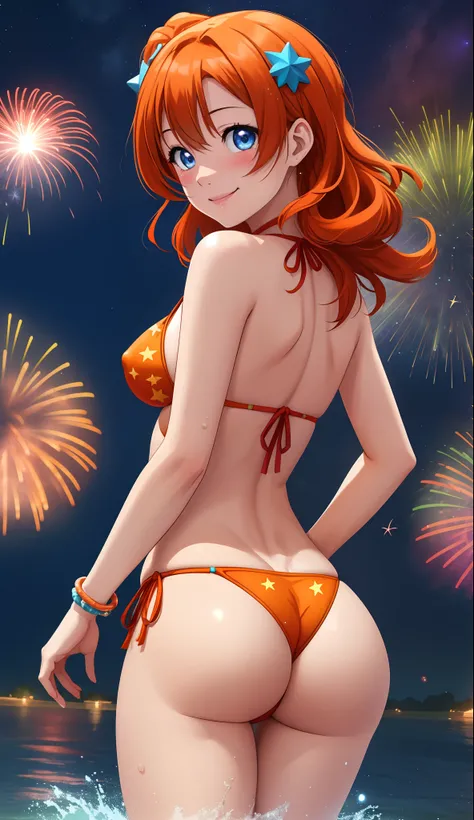 Kousaka honoka, cowboy shot, from behind,ass, realistic art , blue eyes, orange hair, sexy micro bikini, star-paint bikini, bracelet, sexy,curvy body, looking back at viewer, Blush, energetic smile, standing,crouching,in air, falling down, flying water dro...