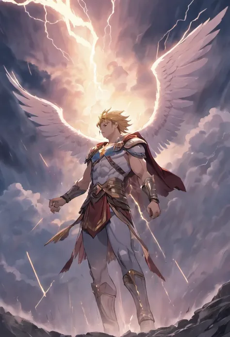 A painting depicting Prometheus, surrounded by clouds and lightning, courageously facing the voracious eagle. 

(best quality,4k,8k,highres,masterpiece:1.2),ultra-detailed,(realistic,photorealistic,photo-realistic:1.37),dramatic lighting, intense emotion, ...