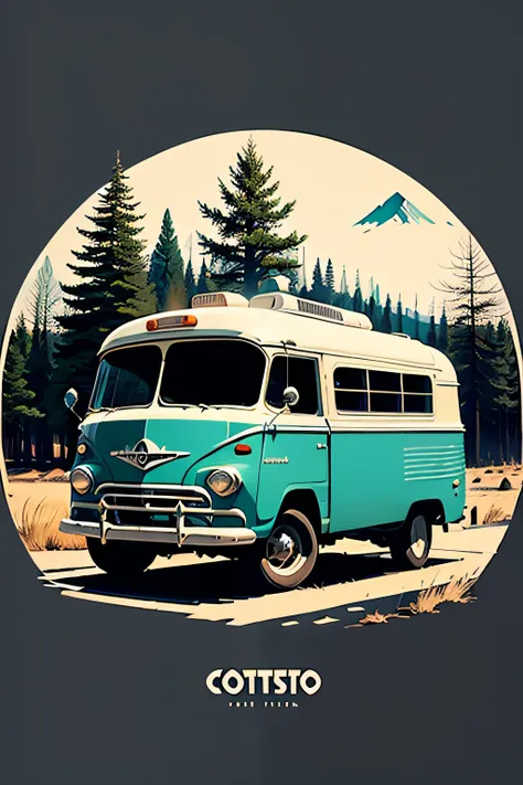 tshirt vector art,a vertical vector art, with smart cut out on black and modern graffiti style, **vintage travel poster of vintage pickup truck with cozy vintage trailer in cottonwood canyon state park oregon, black background vivid colors , modern t-shirt...