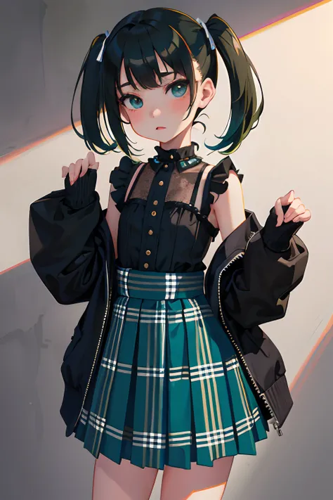 turned around，（​masterpiece，Highest Quality），(child:1.3)，Blue-green goth spank，Burberry Plaid Skirt，(A dark-haired，short twintails)，embarrassed from，Delicate body，petite body