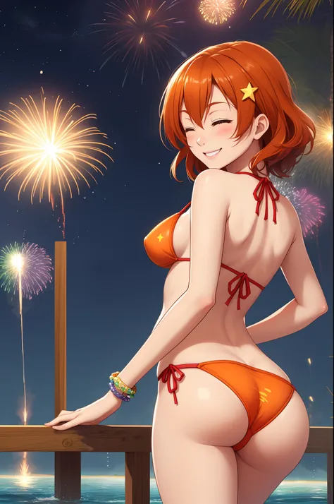 Kousaka honoka, cowboy shot, from behind,ass, realistic art , sexy pose, one eye closed,big breasts,blue eyes, orange hair, sexy micro bikini, star-paint bikini, bracelet, sexy,curvy body, looking back at viewer, Blush, energetic smile, standing,crouching,...