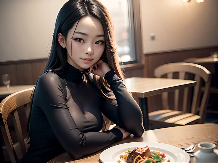 Restaurant scene, Macro realism, Chinese woman, 18 years old, long brown hair, detailed light brown eyes, small rounded nose, thin lips, fair skin, toned body, sitting at the table, smiling, a fancy plate on the table, view from side, pose, simple clothing...