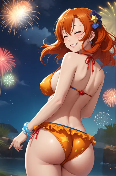 Kousaka honoka, cowboy shot, from behind,ass, realistic art , sexy pose,hand on own ass, one eye closed,big breasts,blue eyes, orange hair, sexy micro bikini, star-paint bikini, bracelet, sexy,curvy body, looking back at viewer, Blush, energetic smile, sta...