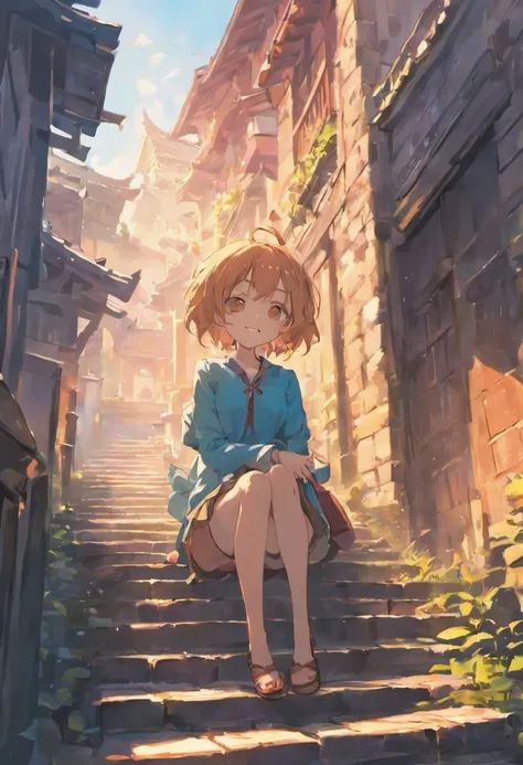 sayudef, full body, smile, blush, outdoors, daytime, simple background, blue sky, short hair, sky, temple, looking at the audience, sitting on the stairs, village, moody lights,