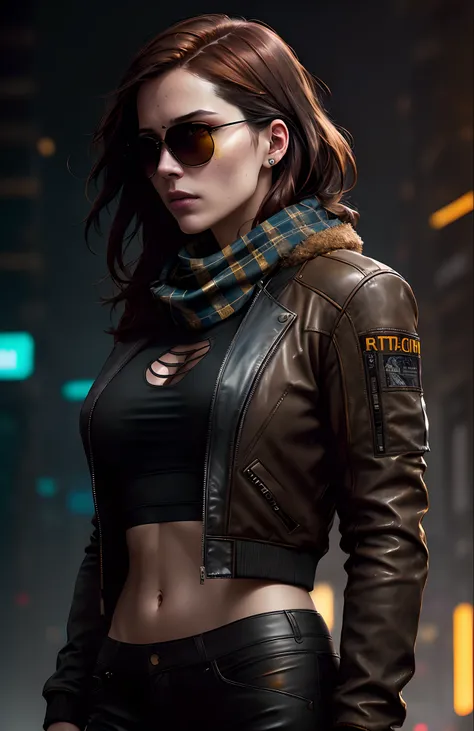 (dark shot:1.1), epic realistic, portrait of halo, sunglasses, blue eyes, tartan scarf, (brown leather bomber jacket), (tight black transparent tank-top), auburn hair by atey ghailan, by greg rutkowski, by greg tocchini, by james gilleard, by joe fenton, g...