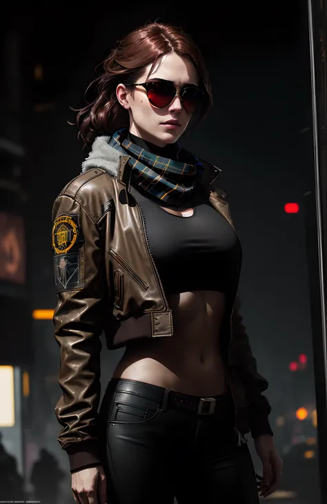 (dark shot:1.1), epic realistic, portrait of halo, sunglasses, blue eyes, tartan scarf, brown leather bomber jacket, tight black transparent tank top, auburn hair by atey ghailan, by greg rutkowski, by greg tocchini, by james gilleard, by joe fenton, gradi...