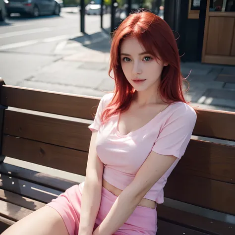 there is a woman sitting on a bench in a cafe, gorgeous young Irish woman, beautiful Irish woman, beautiful young Irish woman, Irish girl, wearing tight shirt, beautiful Irish girl, wearing a cute pink top, tight shirt, red hair and a perfect body, gorgeou...