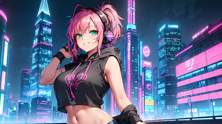 ​masterpiece, 1girl ((20year old, Black short sleeve hoodie exposes navel, tight blue jeans, medium breasts, multicolor pink hair, twin ponytails, green eyes, smiling, flirty, headphones, urban cityscape at night, neon lights and towering skyscrapers, futu...