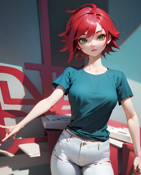 1Girl, red hair, short hair, green eyes, blue tshirt, white jean, High quality, 3d, anime, bust, curvy