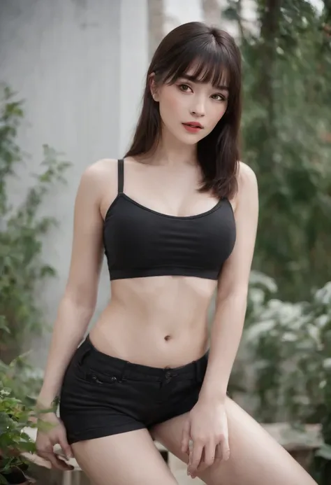 Pale skin Girl, black long hair with bangs, thin waist, thick thighs, big breasts, six-pack abs, toned legs, biceps, short black shorts, short black top, Young girl, attractive body, hot body, thick thighs, very thin waist, six-pack abs, thick lips,